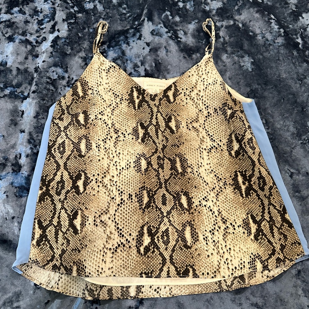 Honey Punch cami, snake skin print with baby blue stripe down each side, size L